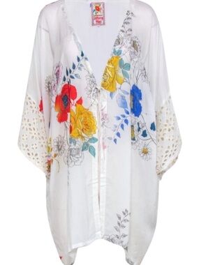 Johnny Was White Floral Eyelet Kimono Size 2X MultiColor